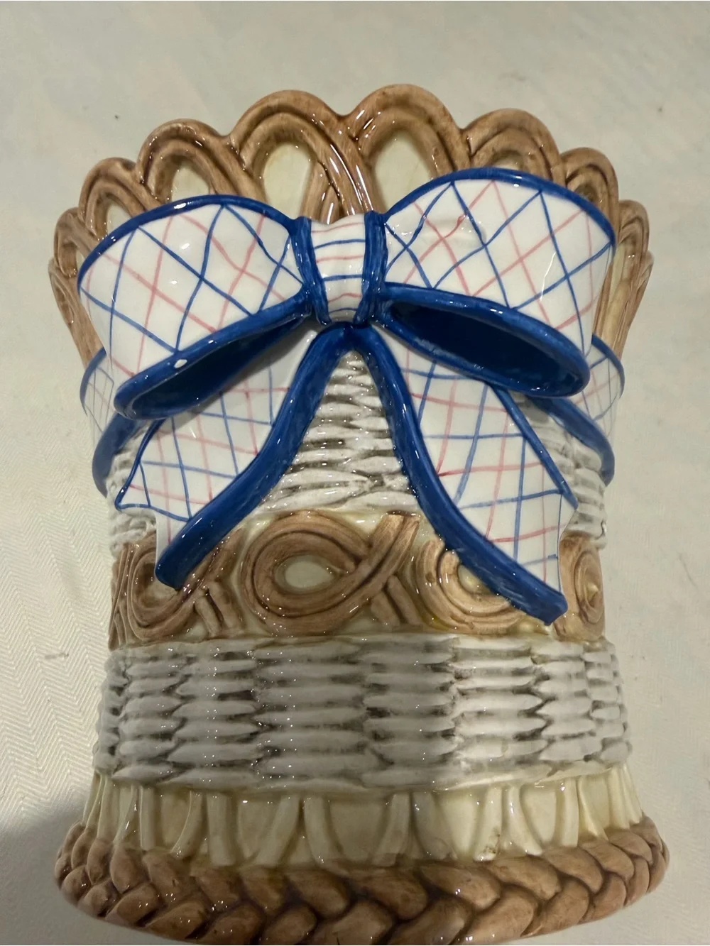 Vintage Fitz & Floyd Ceramic Basket weave Planter with Blue Bow Accent